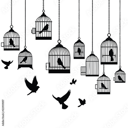 A captivating graphic design featuring black silhouettes of birds both inside ornate cages and soaring freely