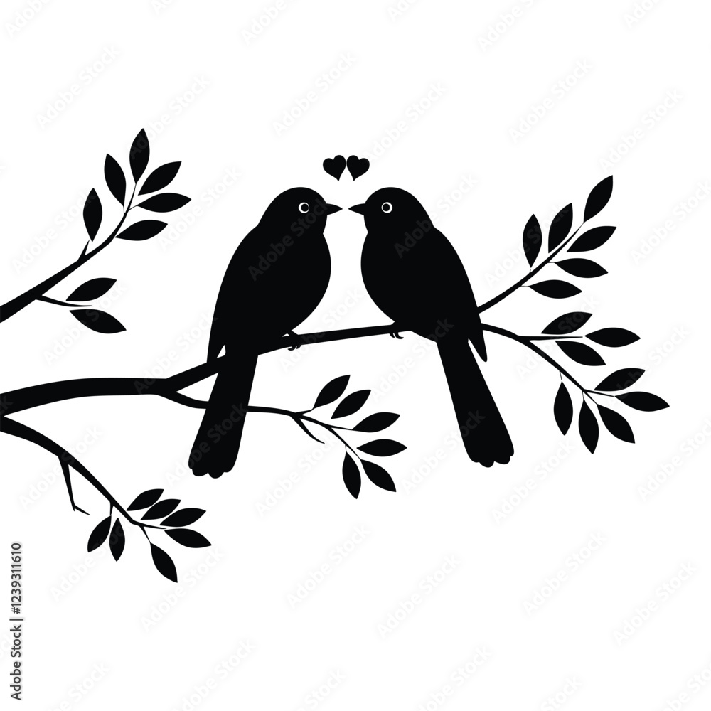 Fototapeta premium Birds sitting on a branch with hearts above them symbolizing love and affection in a minimalist black silhouette design
