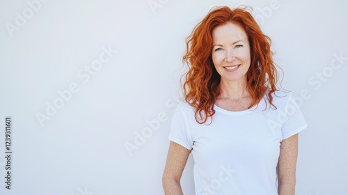 A smiling redhead woman wearing a white t-shirt against a light gray background. Her hair is wavy and shoulder-length.