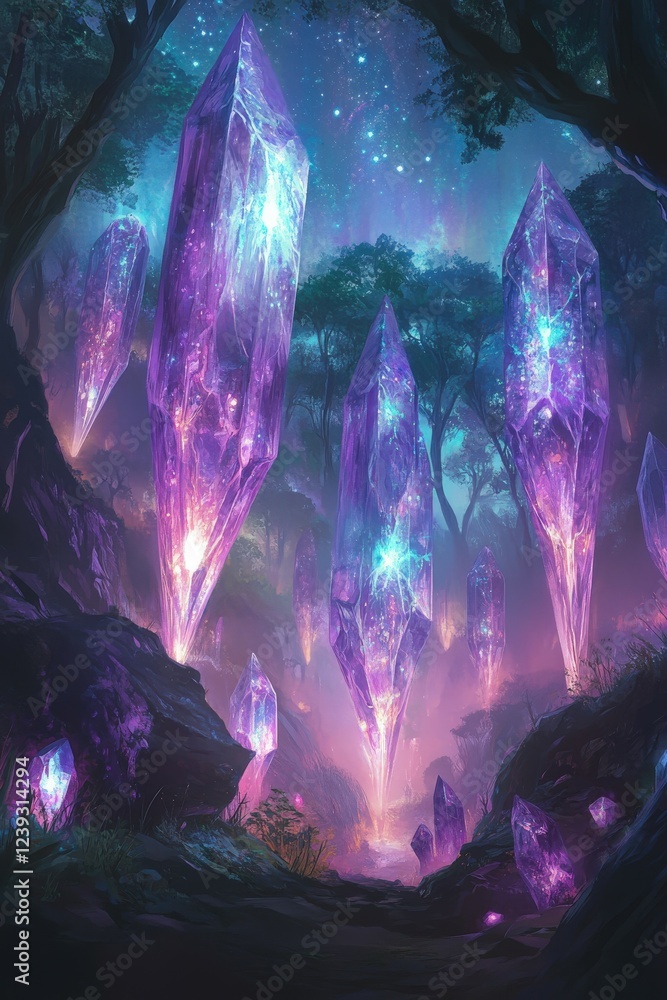 Fototapeta premium Explore the enchanting crystal formations in a magical forest
