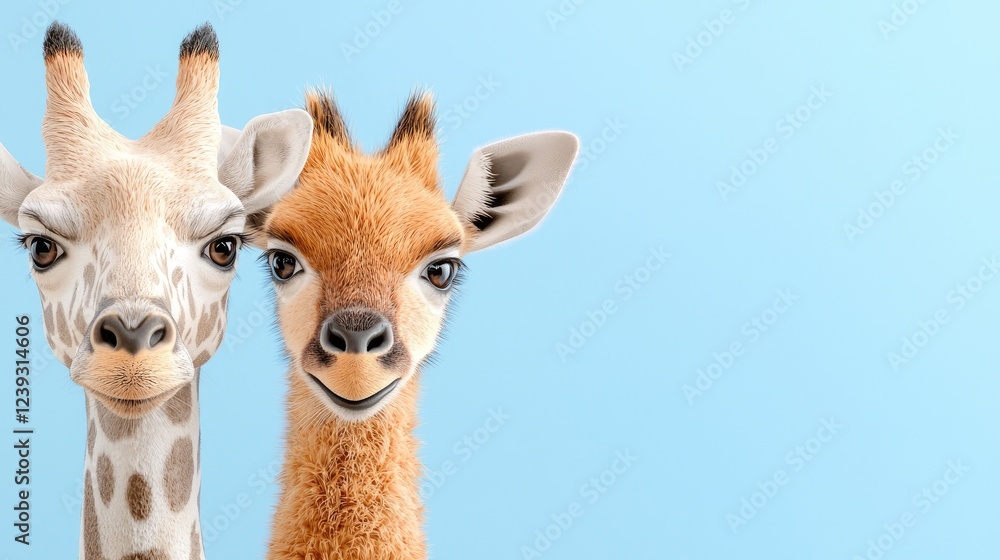 Obraz premium Two giraffes posing, light blue background, wildlife illustration, perfect for kids' books