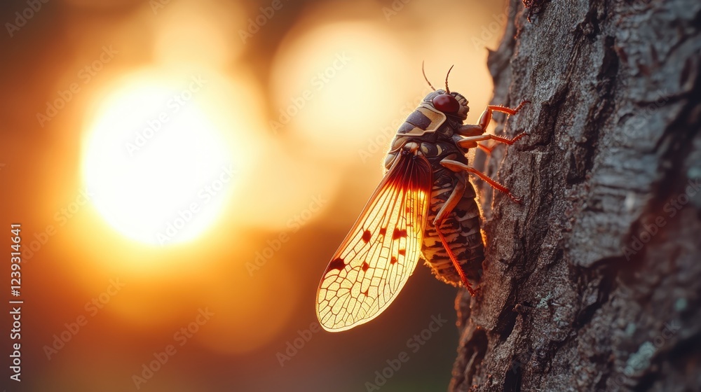 A cicada resting on textured tree bark with a captivating sunset in the background, emphasizing the connection between wildlife and their natural habitats. A cicada resting on textured tree bark with a captivating sunset in the background, emphasizing the connection between wildlife and their natural habitats.