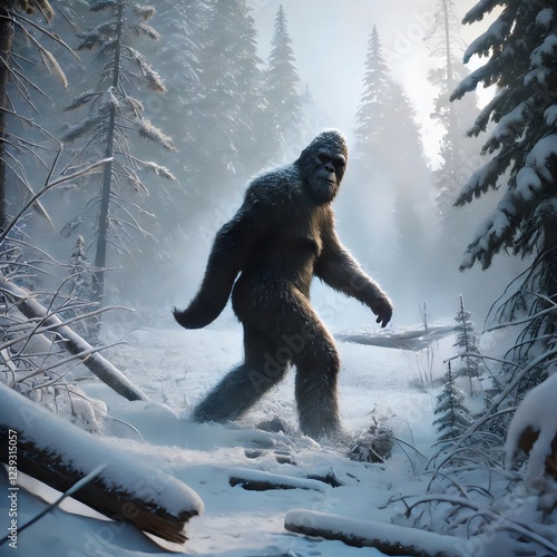 bigfoot, yeti, side view, bigfoot in the winter forest 