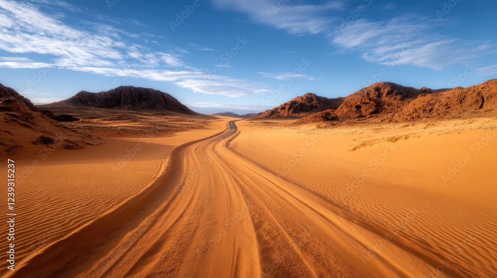 A scenic, winding dirt road cuts through sandy rock formations, inviting travelers to explore the rugged beauty of this arid desert landscape. A scenic, winding dirt road cuts through sandy rock formations, inviting travelers to explore the rugged beauty of this arid desert landscape.
