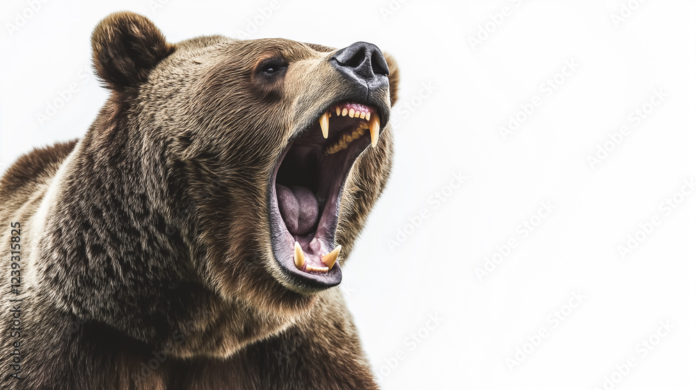 Fototapeta premium grizzly bear roar on white background with space for text. Copy text space. 