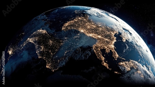 A stunning view of Earth from space captures the glowing urban lights across continents, illustrating humanity’s presence and connection from above.