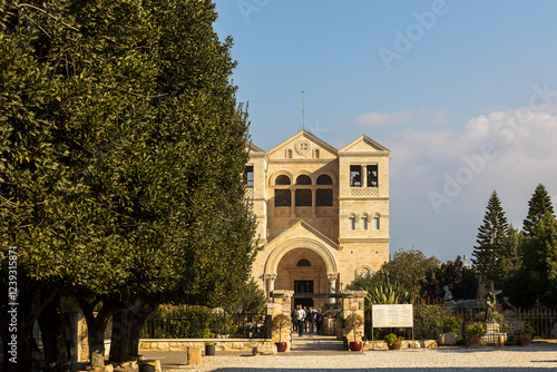 Mount Tabor, Israel – February 3, 2025: Western facade of the Basilica of the Transfiguration on Mount Tabor. photo