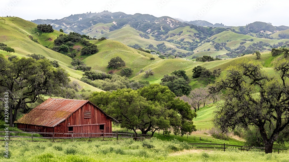 Rustic red barn nestled in verdant hills, spring landscape, pastoral scene Rustic red barn nestled in verdant hills, spring landscape, pastoral scene