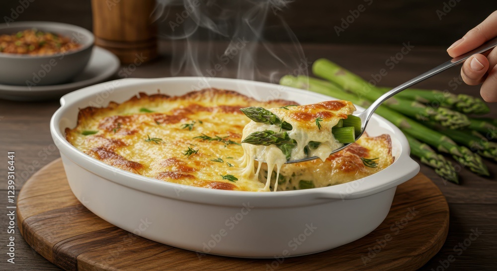 Cheesy asparagus casserole with melted cheese in white baking dish Cheesy asparagus casserole with melted cheese in white baking dish