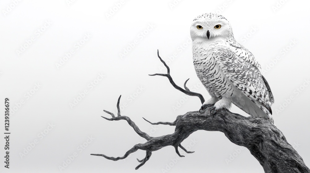 Fototapeta premium Snowy owl perched on branch, winter scene, nature wildlife