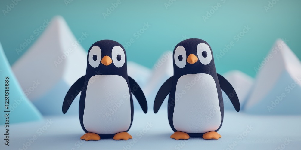 Obraz premium Playful penguin duo icy landscape animation arctic environment close-up view fun concept