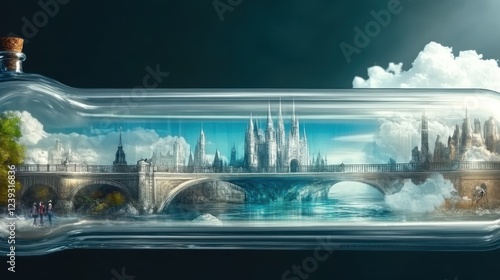 An elaborate cityscape view captured within a glass container, featuring bridges and towering structures, evoking feelings of wonder, ambition, and inspiration.