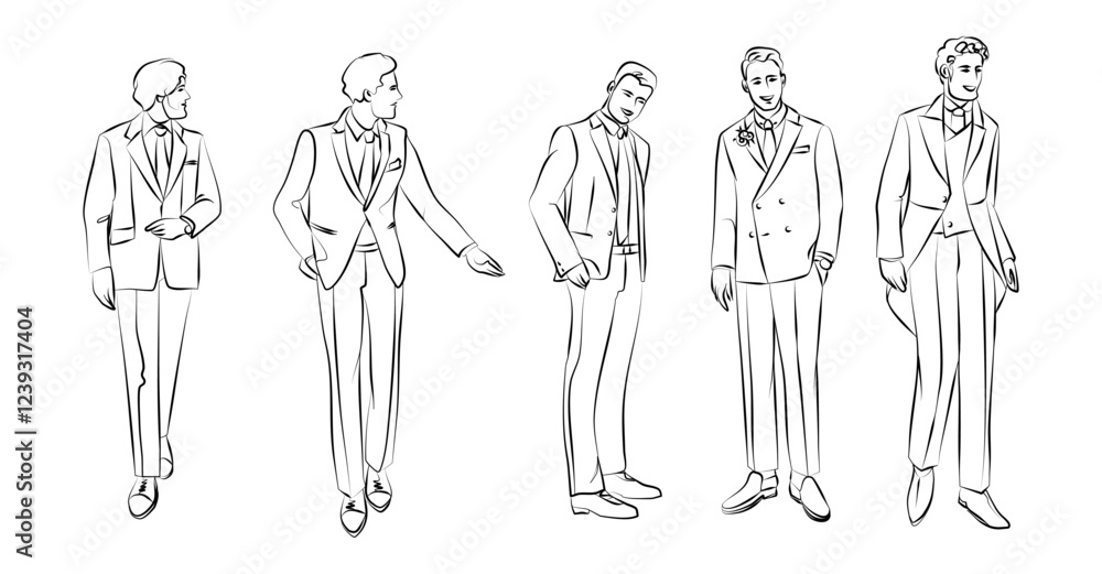 Elegant groom fashion sketches featuring five stylish men in formal suits. Black and white line art, wedding attire, classic menswear, stylish poses Elegant groom fashion sketches featuring five stylish men in formal suits. Black and white line art, wedding attire, classic menswear, stylish poses