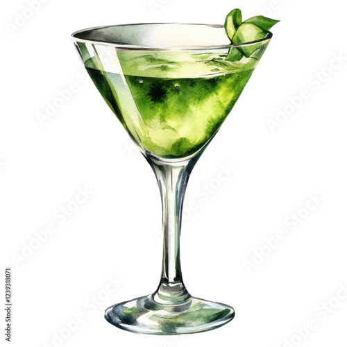 A stylish martini glass filled with a vibrant green liquid and garnished with a slice of cucumber.