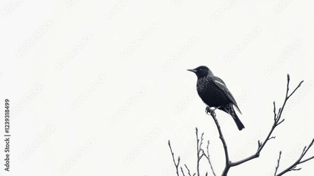 Fototapeta premium Solitary blackbird perched on bare branch, winter sky