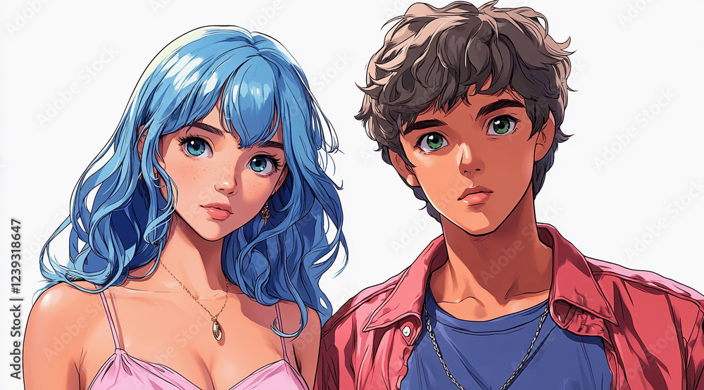 Naklejka premium Fashionable young anime people posing together with confident expressions, showcasing stylish clothing