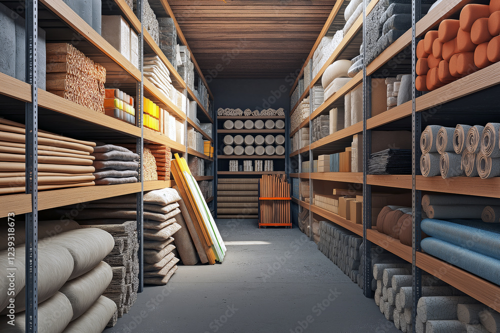 Obraz premium Aisle between two large shelves filled with construction materials, wooden boards, pipes, and insulation materials neatly stacked, industrial storage layout.