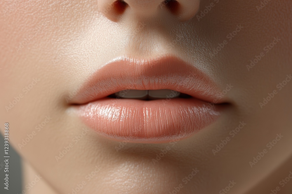 Fototapeta premium Cropped image of a woman's face, chin and lips. Perfect, smooth, well-groomed skin, natural lips. Face lift. Advertising concept for natural beauty, skin care, cosmetology and cosmetic products