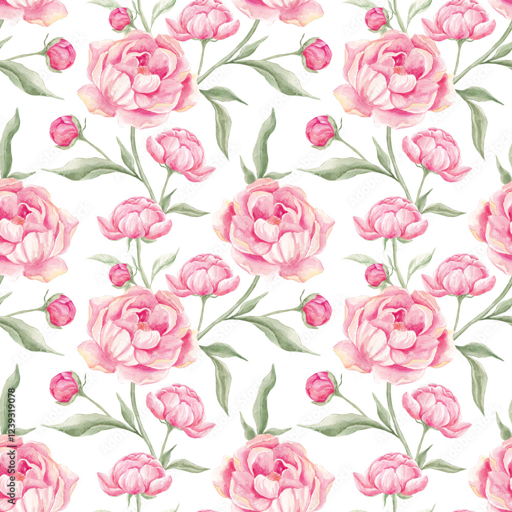 Seamless pattern of peonies. Watercolor pink peonies. Home textile. Print for fabric. Scrapbooking. Fabric. Delicate floral pattern, spring. May. Peonies blooming. Seamless pattern of peonies. Watercolor pink peonies. Home textile. Print for fabric. Scrapbooking. Fabric. Delicate floral pattern, spring. May. Peonies blooming.