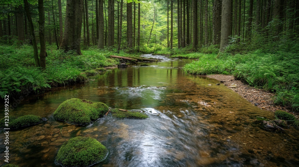Obraz premium Serene forest stream flowing through lush greenery in nature