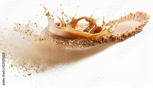 Dynamic protein shake splash with powder swirl in circular motion isolated on a white or tra photo