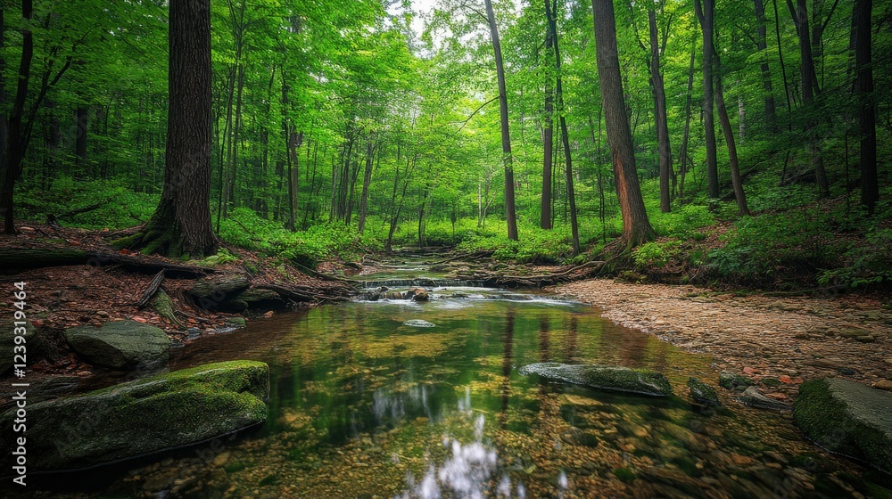 Obraz premium Lush forest stream surrounded by vibrant greenery in nature