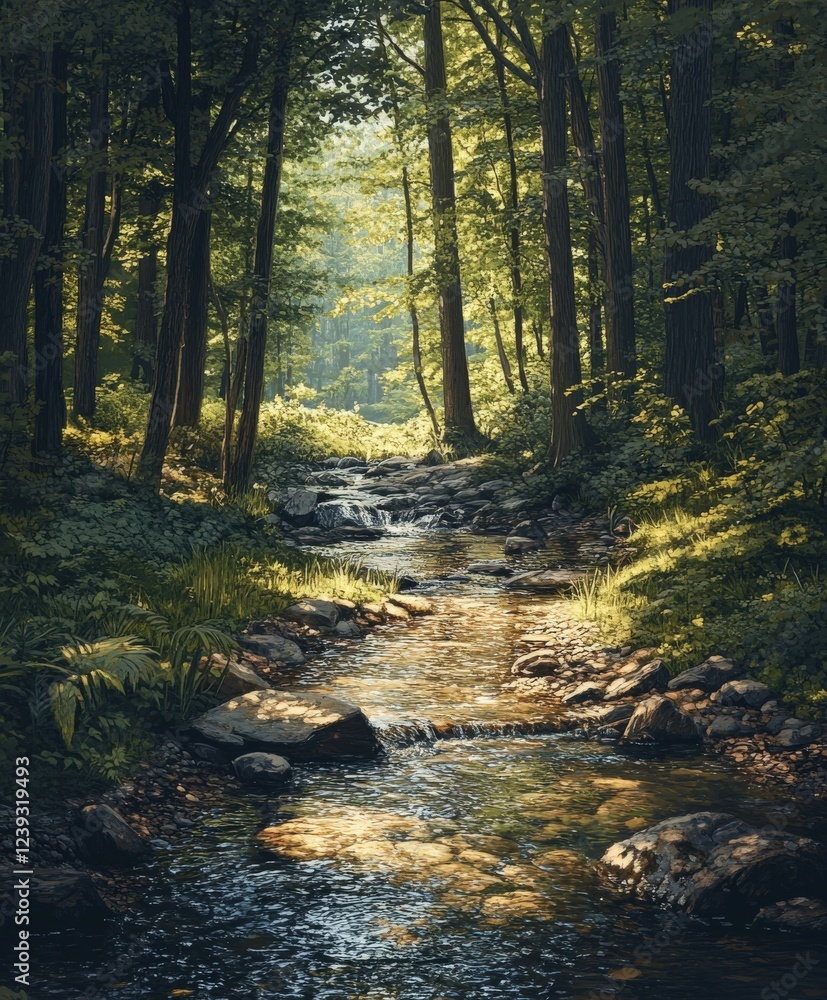 Fototapeta premium Tranquil forest stream surrounded by lush greenery
