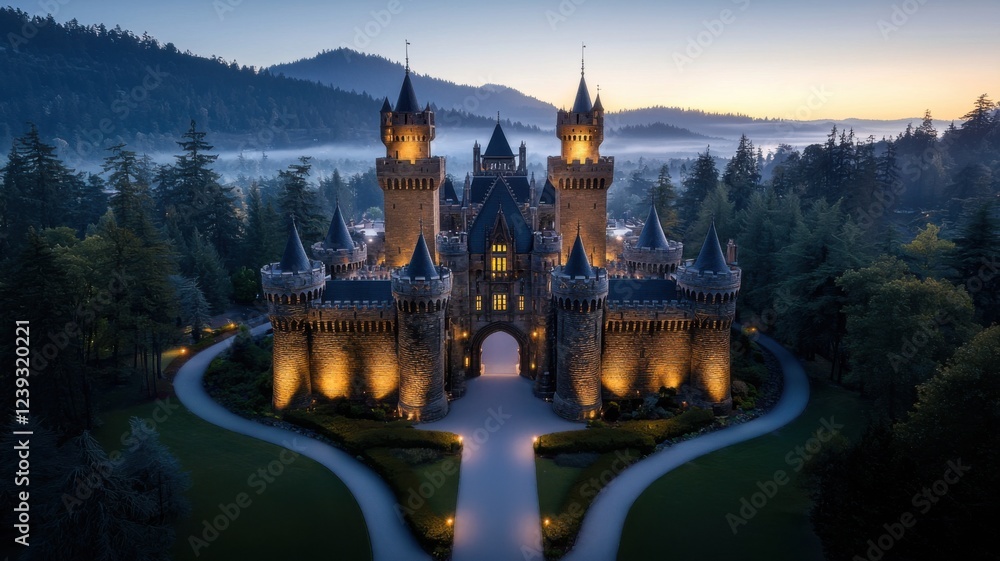 Obraz premium Majestic castle at dawn enchanted forest photography serene landscape aerial view fantasy dreams