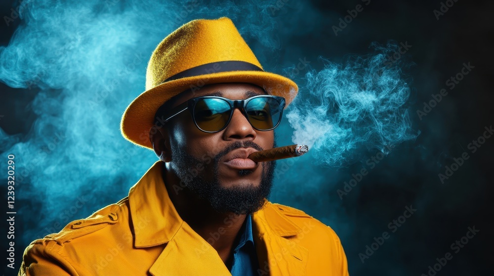 A fashionable man poses confidently with a cigar in a smoky atmosphere, dressed in a striking yellow hat and coat, embodying cool sophistication and stylish allure. A fashionable man poses confidently with a cigar in a smoky atmosphere, dressed in a striking yellow hat and coat, embodying cool sophistication and stylish allure.
