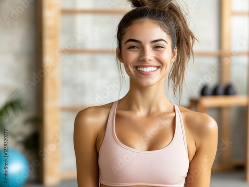 Free Download Smiling woman in fitness attire at indoor gym - GFXLoad