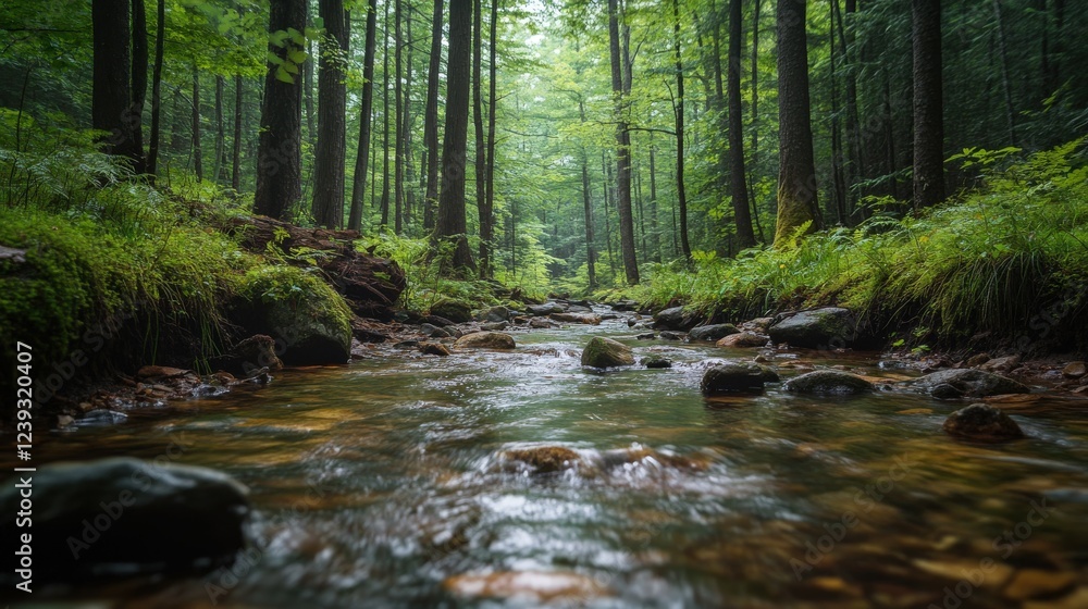 Serene forest stream flowing through lush green trees Serene forest stream flowing through lush green trees