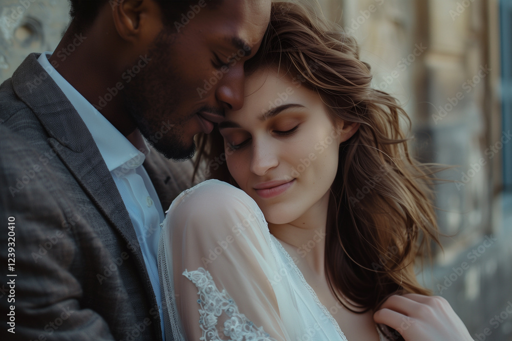 Happy young France couple in love, man and woman hugging each other, romantic wedding scene. Happy young France couple in love, man and woman hugging each other, romantic wedding scene.