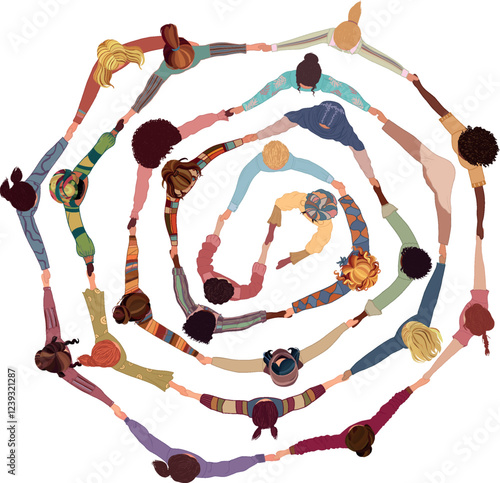 Isolated group of multicultural women in circle holding hands. International women s day. Diversity - inclusion - equality - girl power or empowerment concept