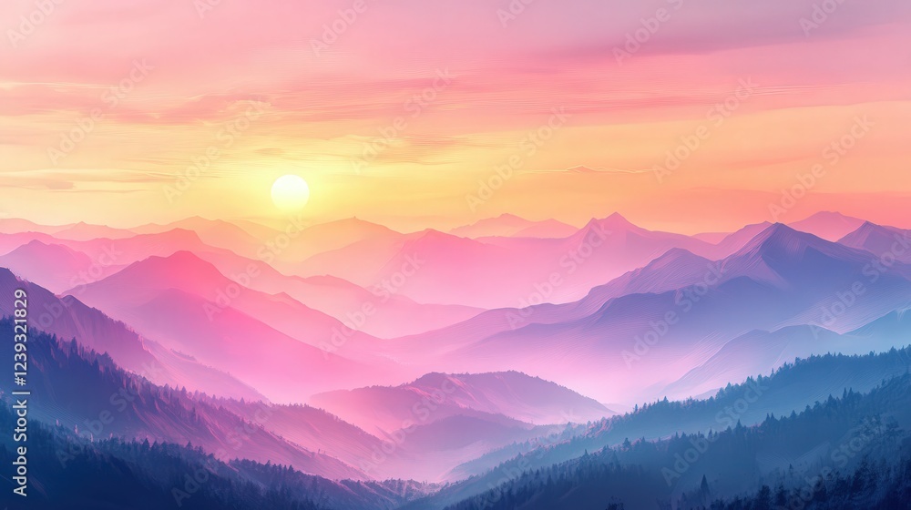 Fototapeta premium Colorful mountain sunset with soft mist and rolling hills