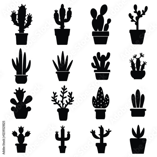 Cactus indoor plants silhouettes vector illustration