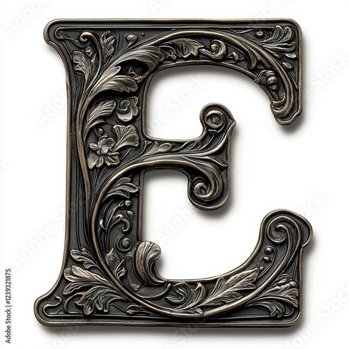 Ornate barocco letter E with decorative design set against a white background