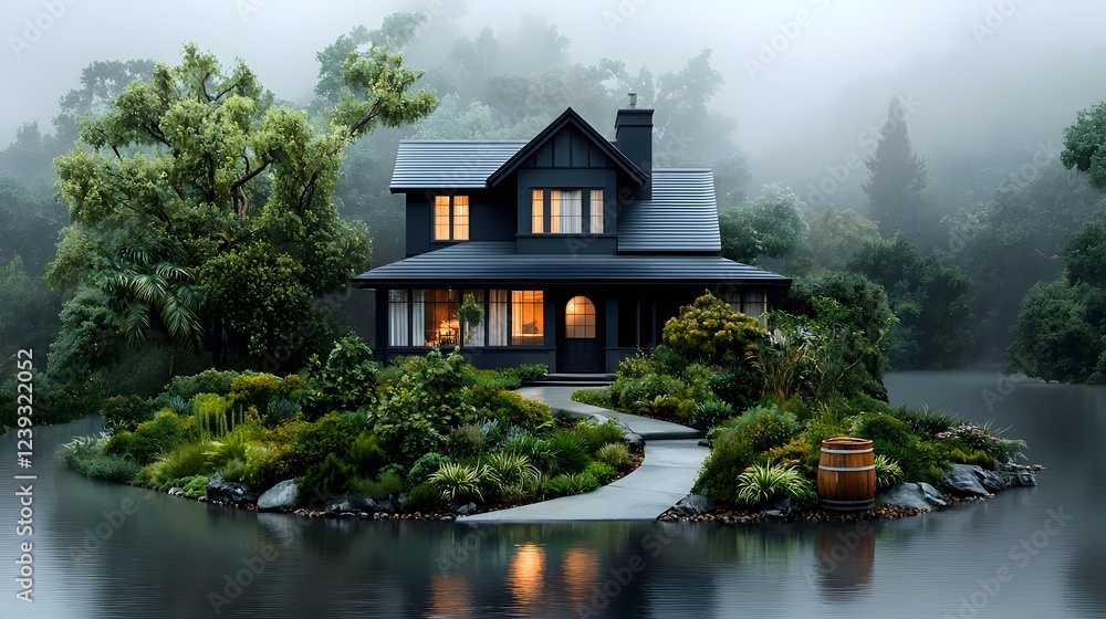 Obraz premium Serene Victorian inspired residential estate with concealed water infrastructure elegant architecture and garden landscape featuring a rain barrel system for sustainable water conservation