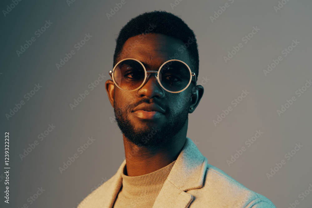 Fototapeta premium Stylish African man in modern eyewear, wearing a fashionable gray blazer and turtleneck, exuding confidence and sophistication against a gradient background