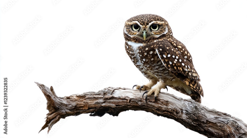Fototapeta premium Spotted owl perched on branch, isolated on white background, wildlife photography for educational use