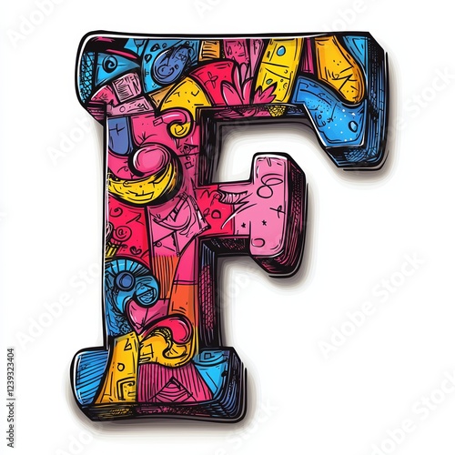 Colorful letter F filled with playful doodles and designs on a white background photo