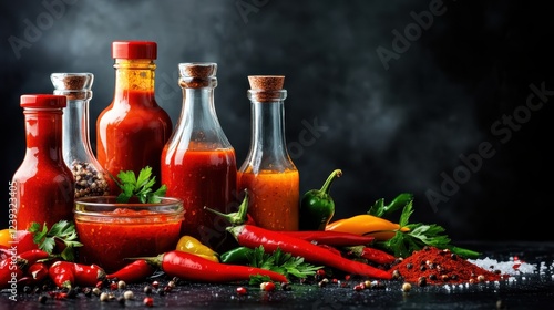 A diverse range of spicy sauces elegantly presented with an array of vibrant ingredients, highlighting the key roles these flavors play in enhancing culinary dishes and experiences. photo