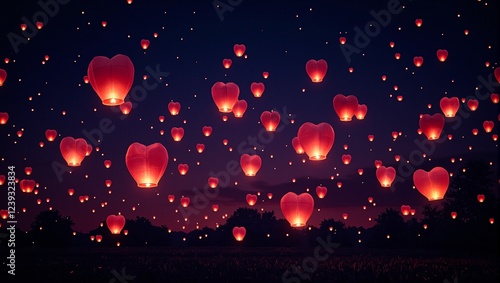 Enchanting heart shaped lanterns light up the night sky in a whimsical Valentines display