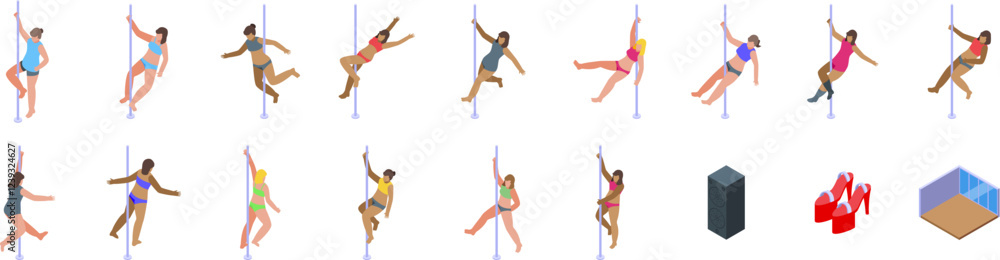 Pole dance icons set. Isometric pole dancers showing various figures and poses on poles, including shoes and dance studio, perfect for nightlife and entertainment projects Pole dance icons set. Isometric pole dancers showing various figures and poses on poles, including shoes and dance studio, perfect for nightlife and entertainment projects
