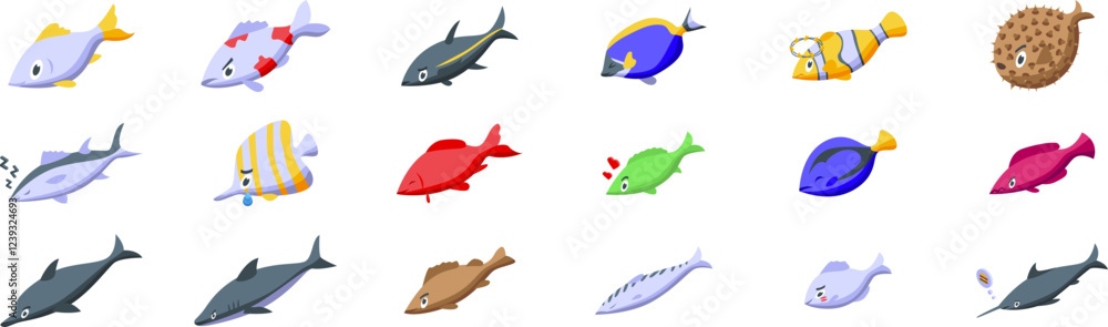 Naklejka premium Fish character emotions icons set. Cartoon aquarium fish are swimming underwater and showing different emotions