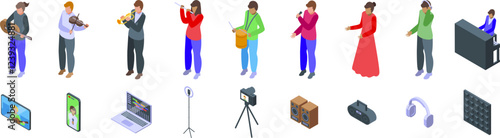 Blogger musician icons set. Musicians are creating and sharing music through various methods, from playing instruments to recording and performing