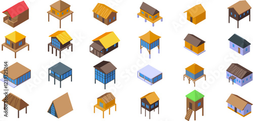 Tropical jungle house icons set. Bungalow icons set featuring various styles of tropical houses, beach huts, and stilt houses, all rendered in a consistent isometric view