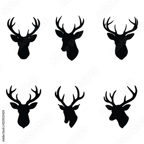 A set of mule deer head vector silhouette isolated,Deer head silhouette, Horned elk, stag, reindeer character mascot,deer icon, logo, badge, sticker, stencil