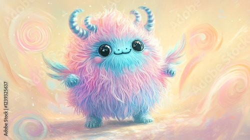 A fluffy pink and blue monster with spiraled horns and tiny wings, surrounded by soft rainbow swirls on a pale yellow background.