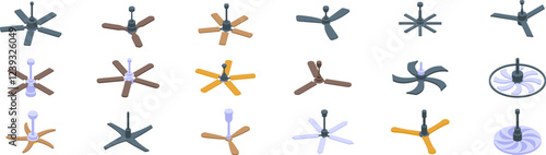 Ceiling fan icons set. Collection of ceiling fans with different blade numbers, colors, and styles, providing cooling and air circulation