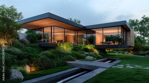 Wallpaper Mural Sustainable Modern Residential Home with Efficient Underground Water and Sewage Piping System Integrated into Sleek Glass and Steel Architecture and Serene Garden Landscape Torontodigital.ca